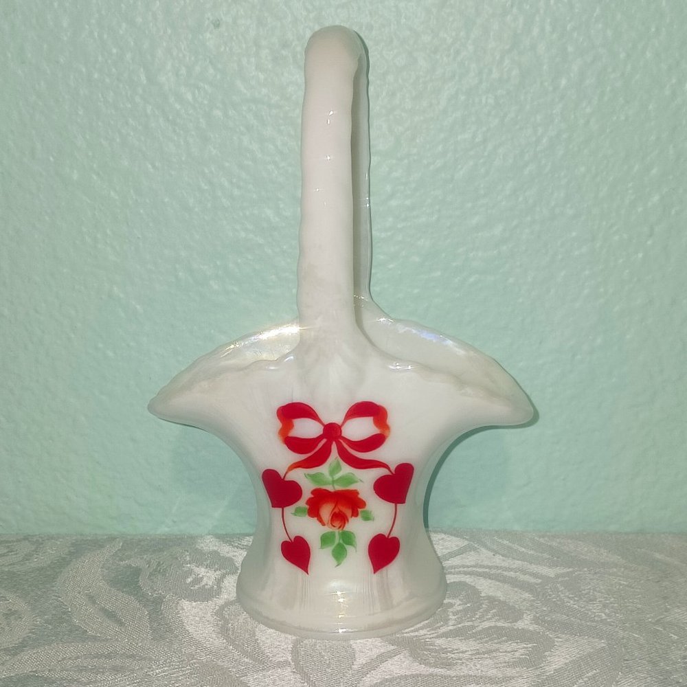 Vintage Rosso Iridescent Milk Glass Basket With Floral and Heart Design